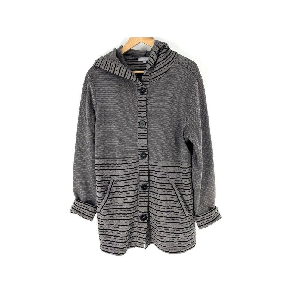 Habitat Hoodie Sweatshirt Size Medium Womens Gray Black Stripe Pockets Cardigan